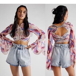 RARE-NWT-FREE People Eyes on You Bell Sleeve Eyelet Mesh Crop(Size:XLarge)